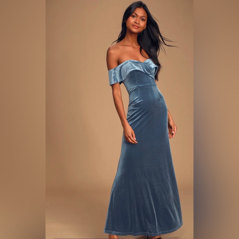 *NEW* Lulus Sweet Symphony Dusty Blue Off-the-Shoulder Velvet Maxi Dress